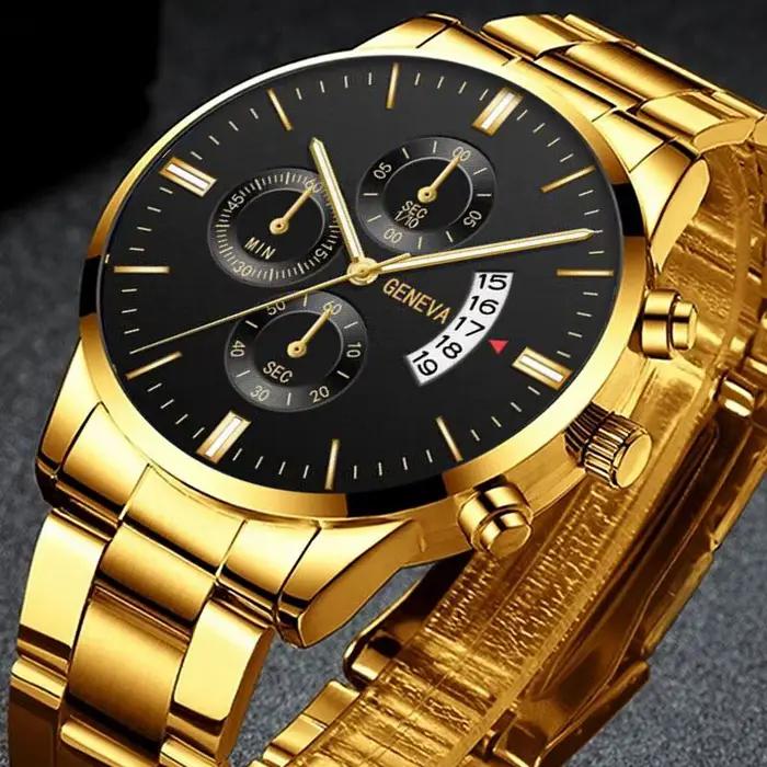 Mode Relogio Masculino couleur dorée montres hommes mâle horloge avec calendrier entièrement en acier Quartz montre-bracelet exquis Relojes Saati