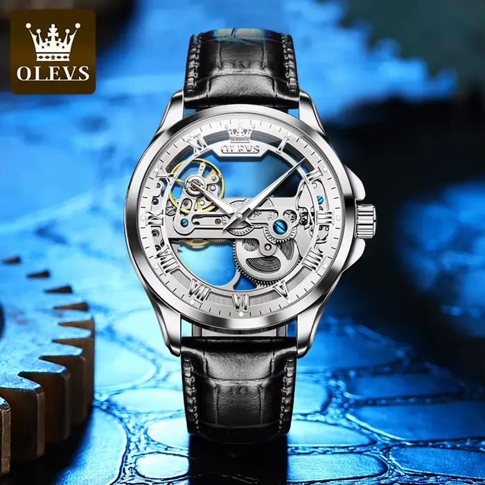OLEVS 6661 montre homme automatique entièrement creuse bracelet en cuir de mode étanche horloge à main lumineuse montres mécaniques pour hommes