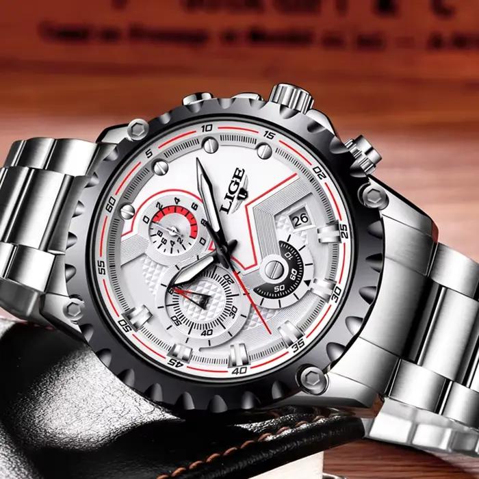 Montre LIGE en acier inoxydable avec fonction de chronomètre et résistance à l'eau pour homme, affaires, sport et occasions spéciales
