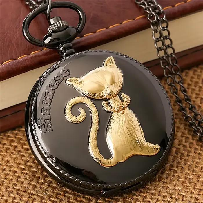 Montre de poche Vintage sculptée en forme de chat siamois doré