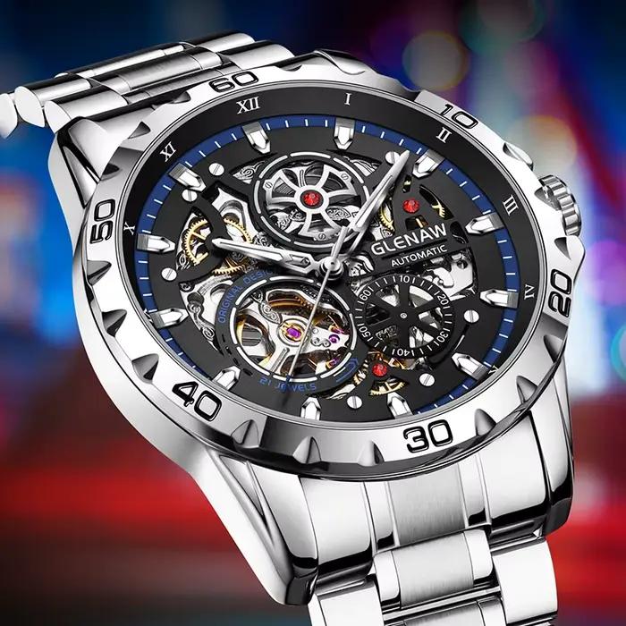 GLENAW Steampunk squelette montre pour hommes anneau de luxe automatique montres mécaniques lumineux étanche bracelet