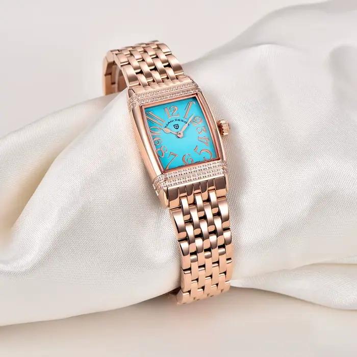 Montre Pagani Design en acier inoxydable avec cristal de saphir pour femmes, résistante à l'eau, quartz, boîtier rectangulaire, bracelet en acier inoxydable, fermoir caché à bouton-poussoir, pour occasions spéciales