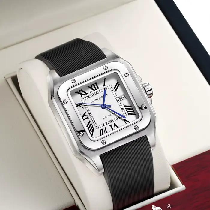 Montre mécanique homme carrée avec mouvement automatique calendrier complet résistante à l'eau pour occasions quotidiennes et professionnelles