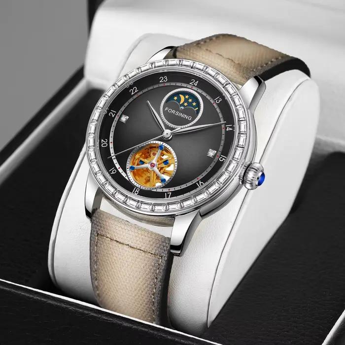 Marque de luxe Tourbillon squelette montres mécaniques Phase de lune sculpté mouvement strass automatique montre pour hommes bracelet en cuir