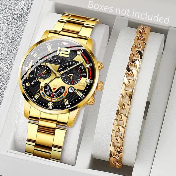 2 pièces hommes montres d'affaires mode bande en acier mâle analogique Quartz montre Bracelet ensemble Relogio Masculino Reloj Hombre (sans boîte)