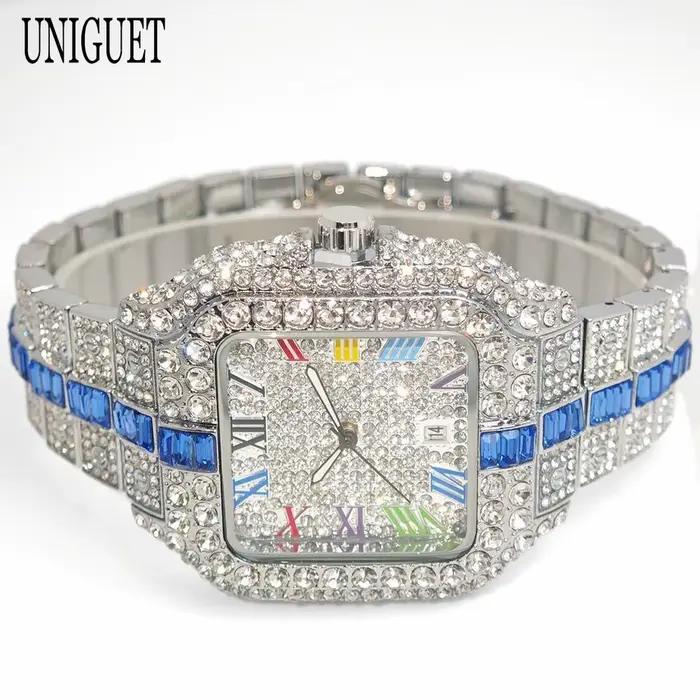 2025 marque de luxe hommes montre à Quartz mode arc-en-ciel numérique Rome cadran calendrier étanche Hip Hop diamant montre-bracelet pour homme cadeau