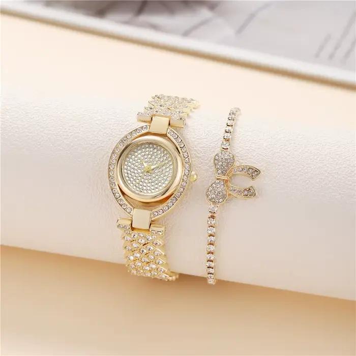Marques de luxe - Montres à quartz pour femmes - Design créatif avec incrustation de diamants - Montre pour dames en alliage d'or et bracelet en acier inoxydable