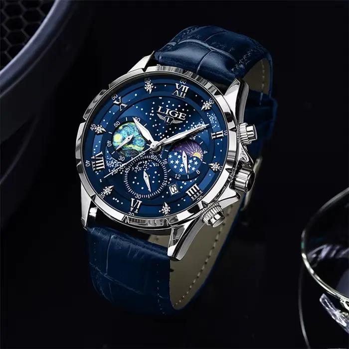 Montre classique en cuir bleu style militaire chronographe à quartz pour hommes occasions spéciales防水防震军旅风格男表