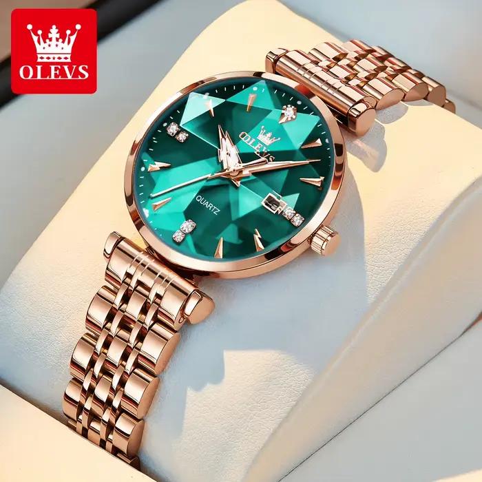 OLEVS 5536 femme montre à Quartz de luxe or Rose bracelet en acier losange verre dames montre-bracelet Date automatique
