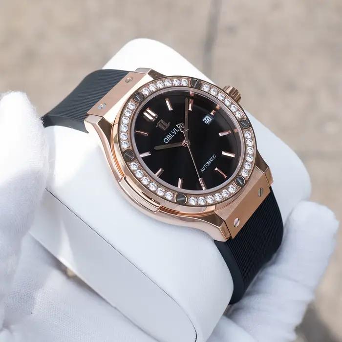 OBLVLO hommes de luxe or Rose cadran noir avec diamants lunette montre automatique étanche élastique mécanique