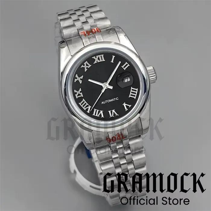 Gramock 31mm montre-bracelet mécanique NH05 pour femme cadran noir mat marque romaine argent/or ronde Beze lSteel montres pour femmes