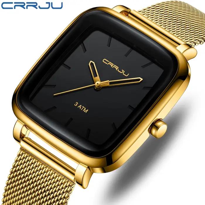 CRRJU hommes montres haut de gamme de luxe carré doré Quartz décontracté mince maille acier étanche montre Relogio Masculino