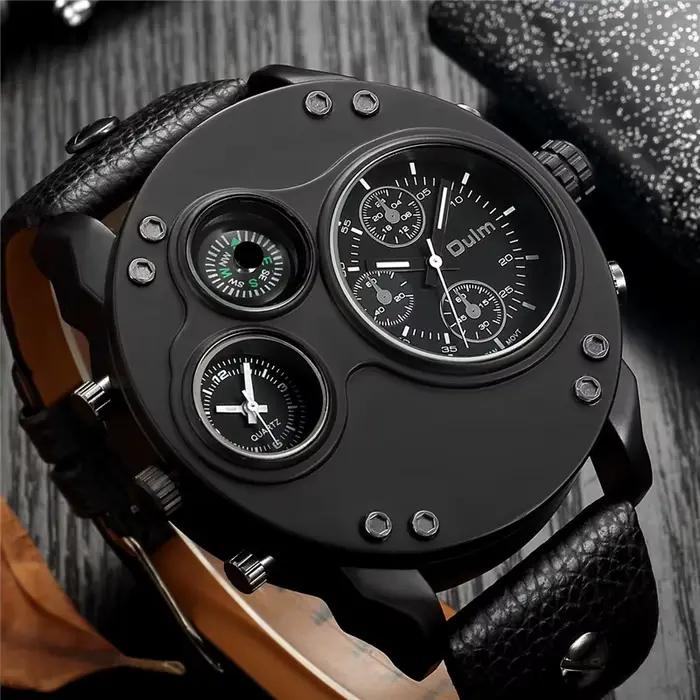 Oulm nouvelle mode Sport décontracté hommes montres en cuir noir double fuseau horaire montre-bracelet mâle Quartz grande taille luxe montre militaire
