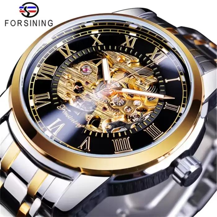 Forsining 349 montre mécanique pour hommes affaires squelette rond argenté noir acier inoxydable montres-bracelets manuelles pour horloge masculine