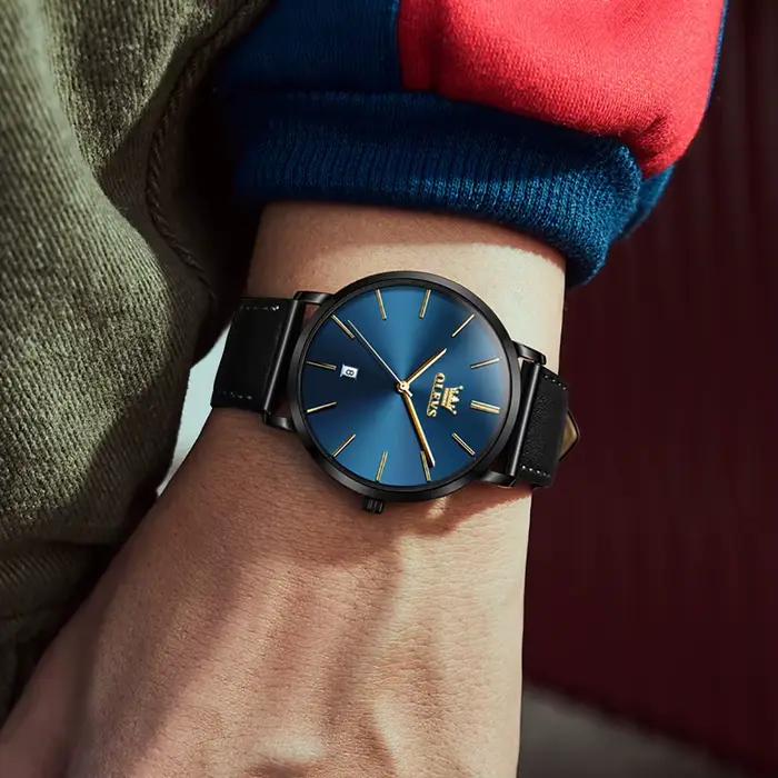 Nouvelle montre OLEVS Quartz pour hommes ultra-mince 6.5mm minimaliste résistante à l'eau avec affichage de date pour occasions professionnelles et décontractées