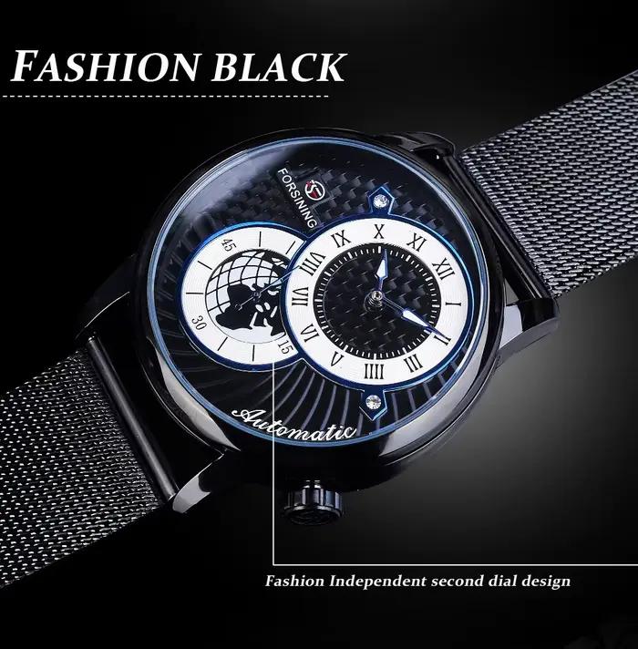 Forsining Top marque 2 yeux hommes squelette automatique montre mécanique mode Style décontracté avec maille en acier unique deuxième entraînement