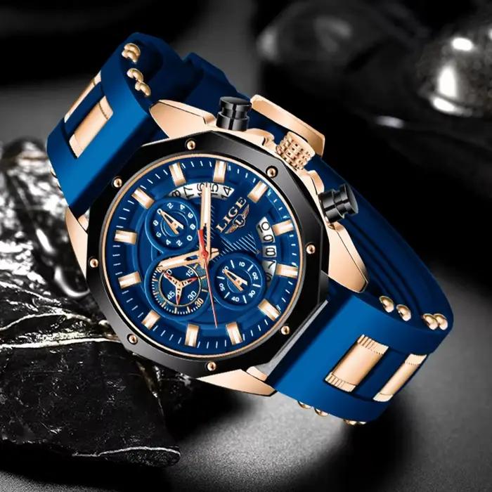 LIGE bleu Montre en Silicone pour hommes mode militaire Sport chronographe horloge mâle haut marque de luxe étanche