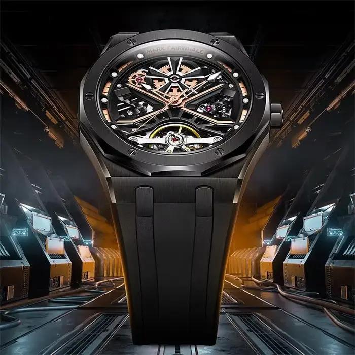 Mark FAIRWHALE Tourbillon mode montre pour hommes 6400 étanche lumineux bracelet en Silicone marque automatique montres mécaniques pour homme