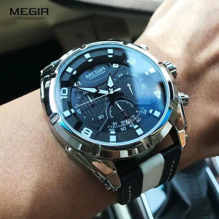 MEGIR mode hommes chronographe montres à Quartz bracelet en cuir aiguilles lumineuses 24 heures sport analogique montre-bracelet pour homme 2076 blanc
