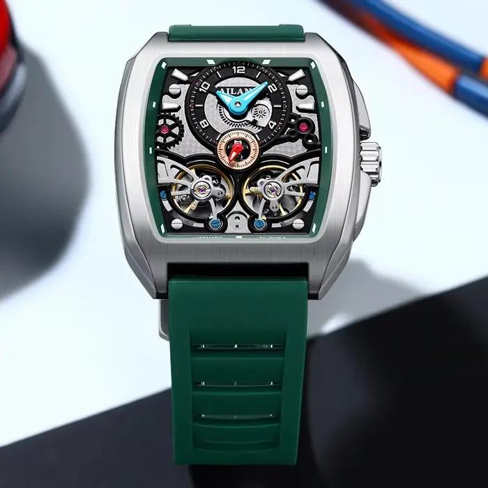 Montre automatique mécanique à double tourbillon en acier noir 8855