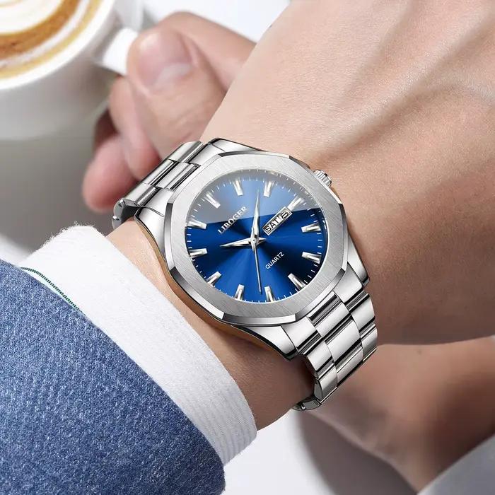 Montre de luxe pour hommes, cadran bleu, en acier inoxydable, calendrier, montre-bracelet à Quartz, horloge d'affaires pour hommes (sans boîte)