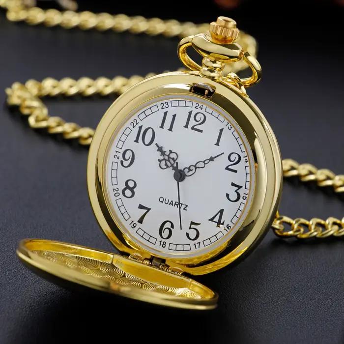 Montre de poche à quartz classique vintage doré avec chiffres arabes et chaîne réglable - Accessoire de mode rond pour hommes
