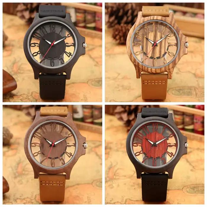 Montre à Quartz en Bois Transparent avec Bracelet en Cuir pour Homme Occasions Spéciales Style Retro Élégant à Offrir