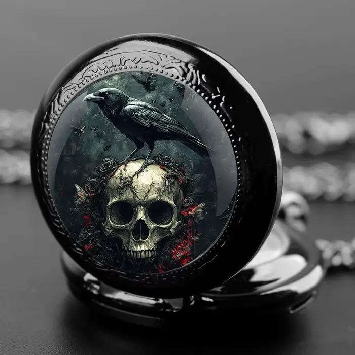 Montre de poche vintage à quartz motif lune crâne corbeau bijou unisexe chaîne acier inoxydable pour homme femme occasions spéciales