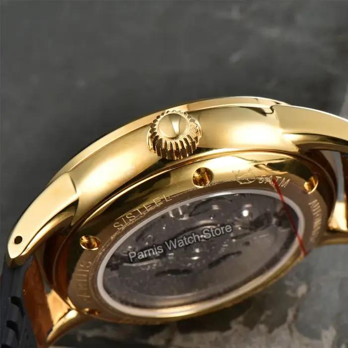 Parnis 39.5mm boîtier en or cadran noir automatique hommes montre bracelet en cuir saphir cristal