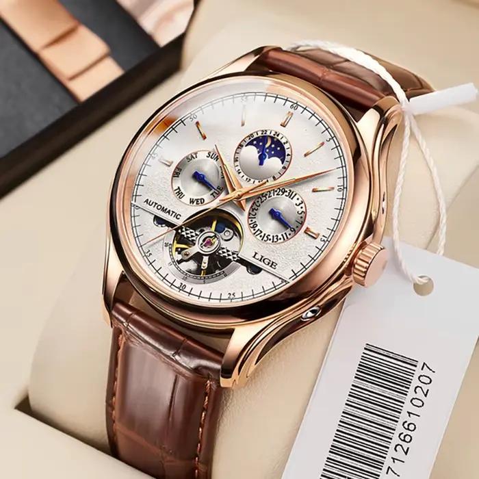 2025 LIGE hommes montres automatique mécanique montre Tourbillon Sport horloge en cuir décontracté affaires rétro montre-bracelet Relojes Hombre