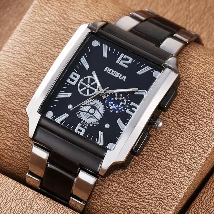 Hommes montres en acier mode élégant cadran rectangulaire