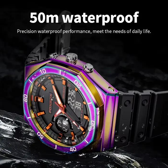Montres FOXBOX à double affichage pour hommes, design fashion et casual, chronographe à quartz, grand cadran, bracelet en silicone, résistante à l'eau, idéale pour les activités sportives et les sorties décontractées