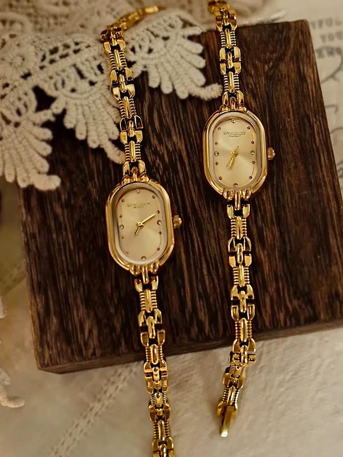 1 PC Élégance vintage française : Petite montre à quartz pour femme avec cadran doré et bracelet – Luxueuse