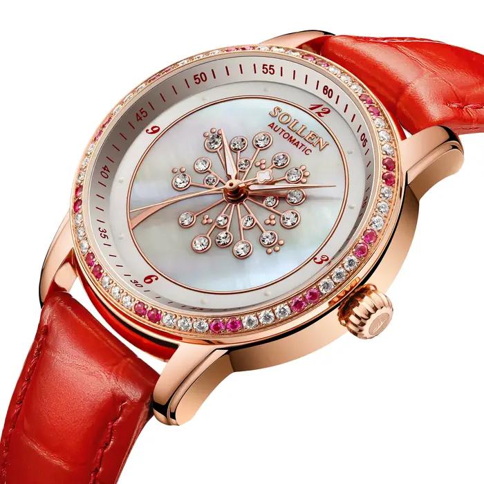 SOLLEN SL408 montre mécanique automatique pour femme de luxe marque suisse saphir cristal étanche diamant bracelet en cuir