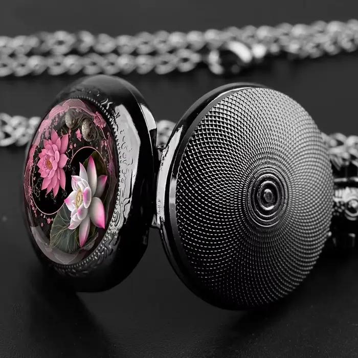 Yin-Yang Lotus Design – montre de poche à Quartz noir