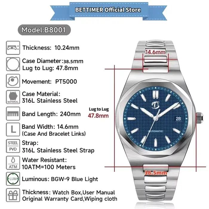 BETTIMER 2025 nouvelle montre mécanique automatique pour hommes PT5000 verre saphir 316L acier inoxydable étanche 10Bar Reloj Hombre