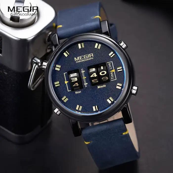 MEGIR – montre-bracelet en cuir bleu pour homme