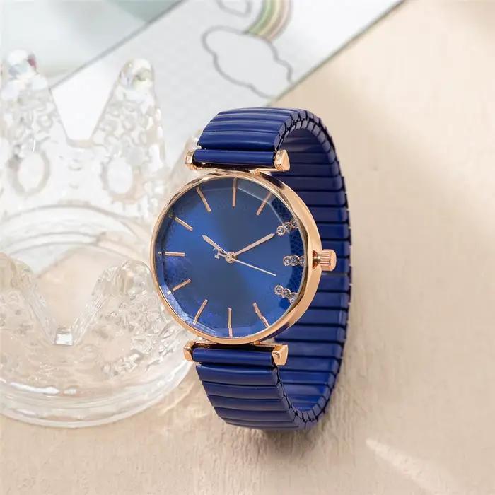 Montre à quartz pour femmes en cristal bleu luxueux - Bracelet extensible en acier inoxydable décontracté