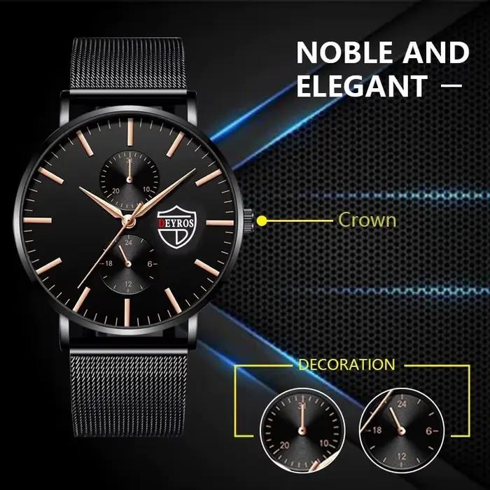 Montre-bracelet à quartz ultra fine en acier inoxydable noir pour hommes