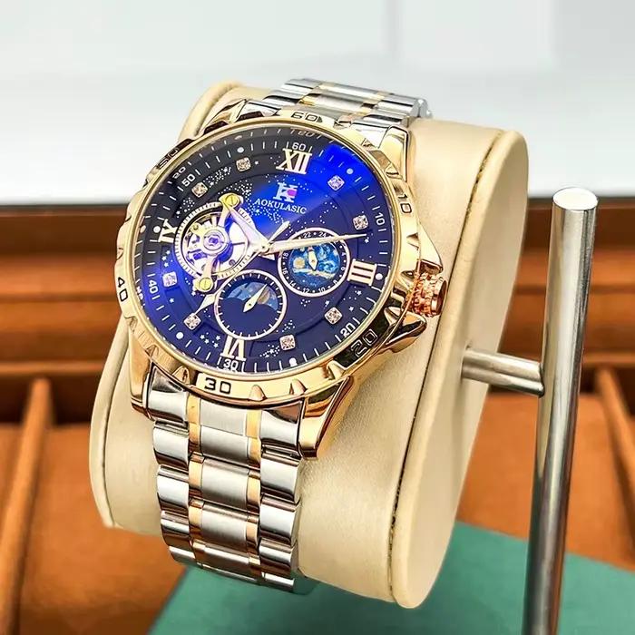 Montre multifonctionnelle homme automatique avec phase de lune lumineuse cadran 43mm résistante à l'eau occassions spéciales