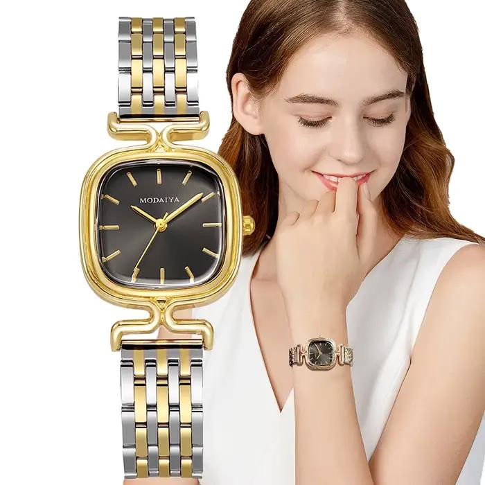 Montre carrée de luxe quartz femme acier inoxydable bracelet or pour occasions spéciales style mode décontracté et sport