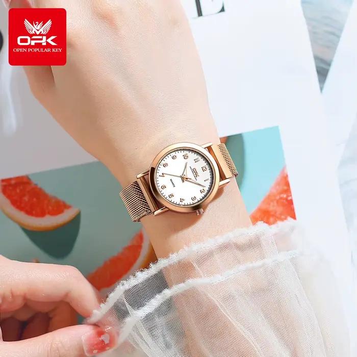 Montre OPK 8115 Quartz Femme Élégante Bracelet Acier Maillé Occasions Spéciales Pratique Résistante À L'Eau