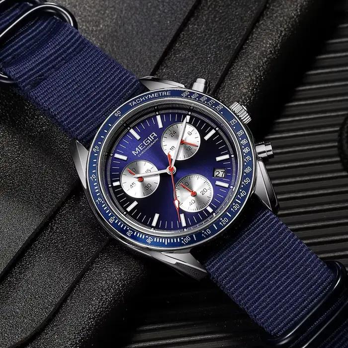 MEGIR montres à Quartz de luxe pour hommes bracelet en toile bleue Sport loisirs chronographe lumineux étanche mâle montre-bracelet horloge 2247