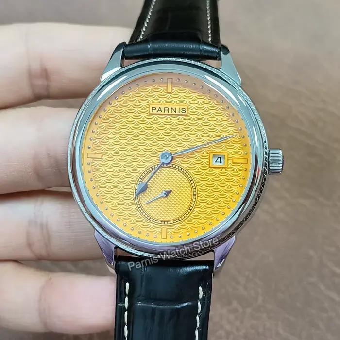 Parnis 42mm boîtier en argent cadran jaune automatique mécanique montre pour hommes réserve de marche calendrier