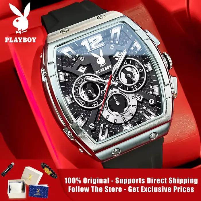 Montre PLAYBOY 3075 en alliage avec bracelet en silicone pour hommes, style mode et décontracté, résistance à l'eau 3 bars, idéale pour les occasions spéciales et cadeaux d'anniversaire