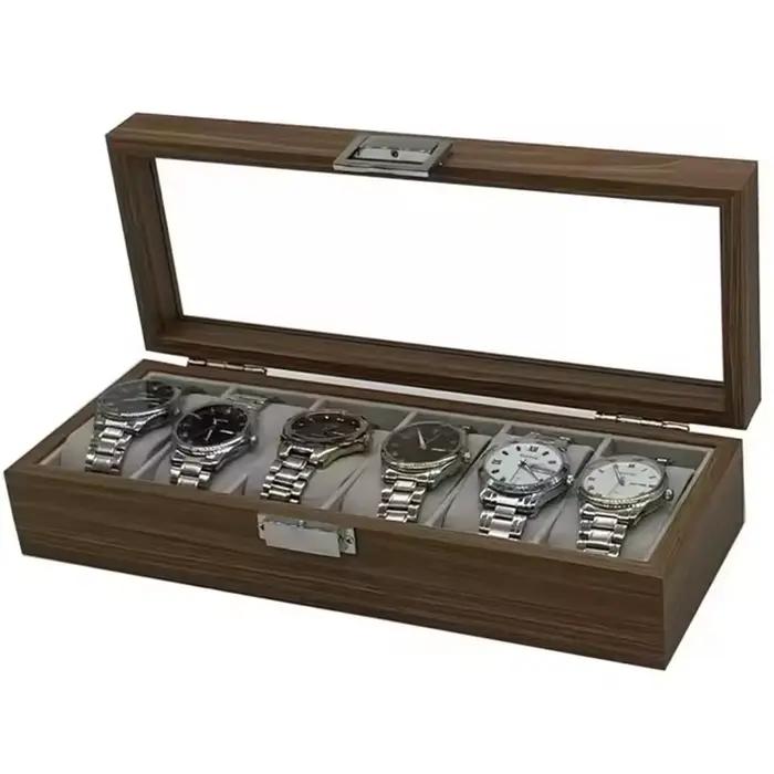 Boîte d'exposition de rangement de montre à 6 chiffres en bois à motif de noyer noir
