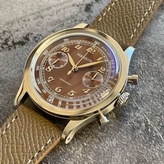 Montre LOBINNI homme chronographe 38mm ventilateur manuel acier inoxydable bracelet cuir pour occasions spéciales professionnel quartz saphir