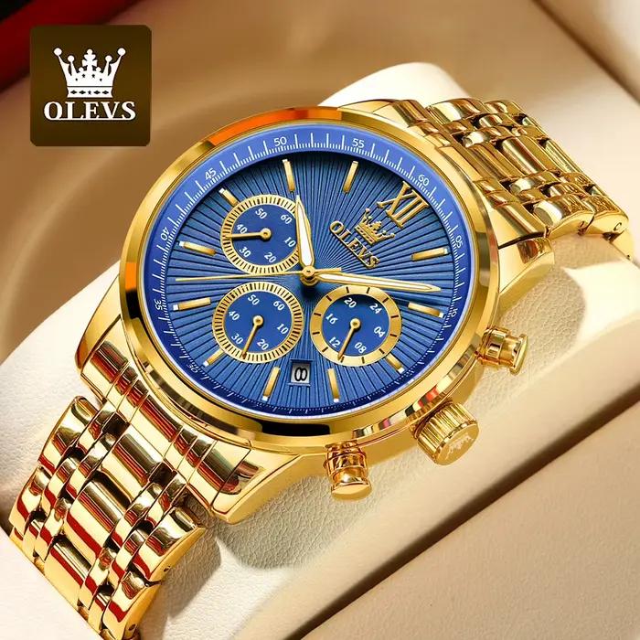 OLEVS or bleu montres pour hommes Date chronographe petit cadran conception exclusive luxe affaires étanche montre-bracelet en acier inoxydable