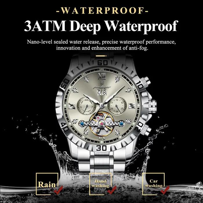 POEDAGAR haut de gamme hommes montre automatique Date semaine homme montre-bracelet creux Tourbillon mécanique en acier