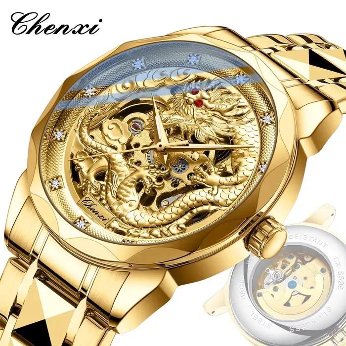Montre automatique CHENXI 8899 avec motif dragon doré en relief 3D pour hommes, culture et art chinois, résistance à l'eau, mouvement automatique, acier inoxydable